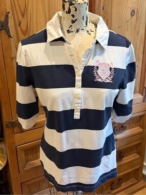 Tommy Hilfiger Striped Navy & White Women's Rugby Polo Shirt with Pink Crest